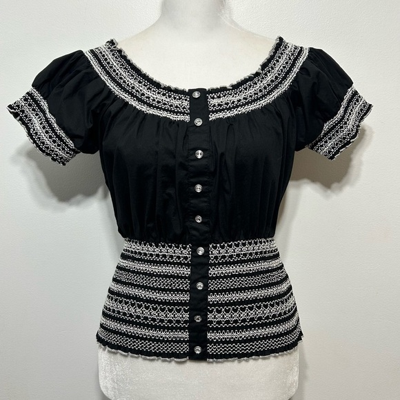 Y2K Smocked Cottagecore Peasant Milkmaid Gemstone Blouse - Picture 2 of 10